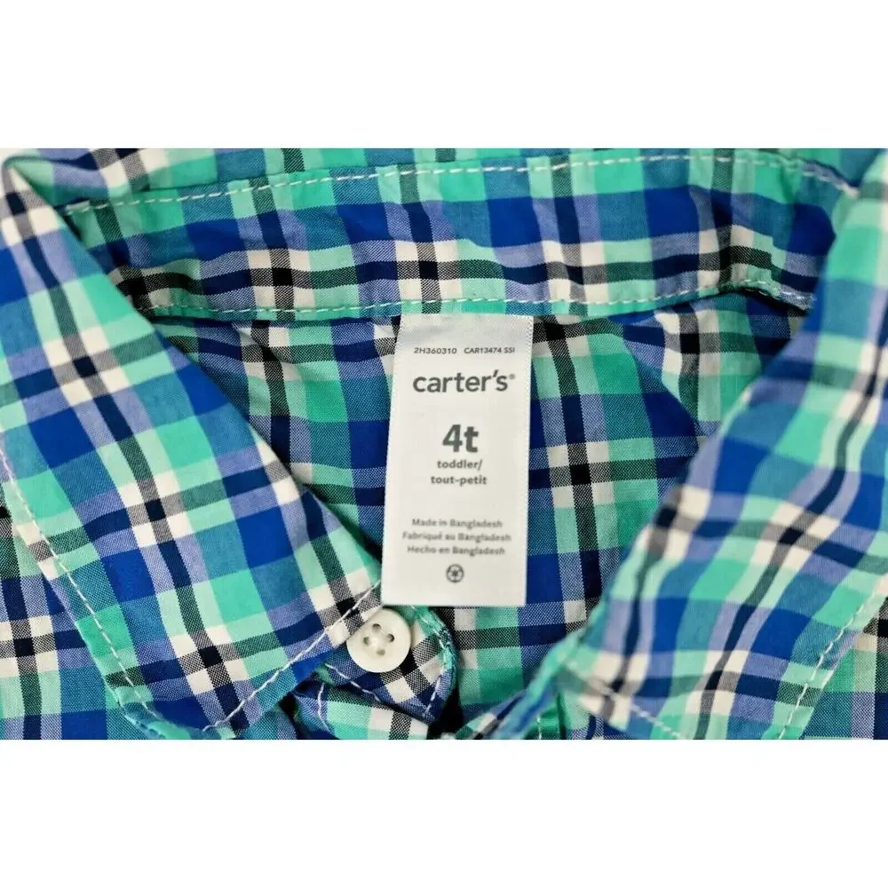 Carter’s Boy’s Blue Green Plaid Short Sleeve Button Down Shirt Kid’s Size 4T